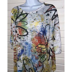 Jess & Jane Sz SMALL Art To Wear Tunic Scribble Floral Knit Dolman Sleeve EUC